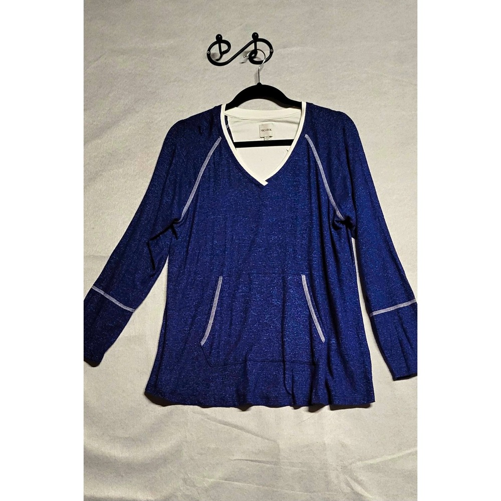 NIC+ZOE Blue Knit V-Neck LS Contrast Stitching Stretch Top Size L